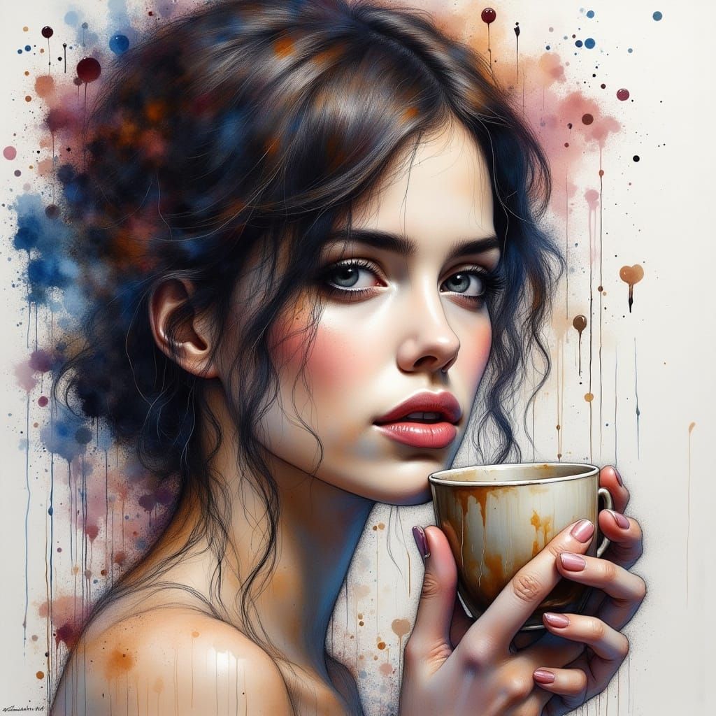 Gothic Woman's Watercolor Coffee Break