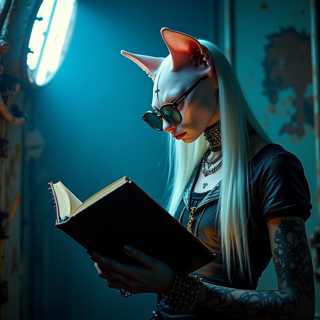 Gothic Cyberpunk Sphynx Cat Reading Book