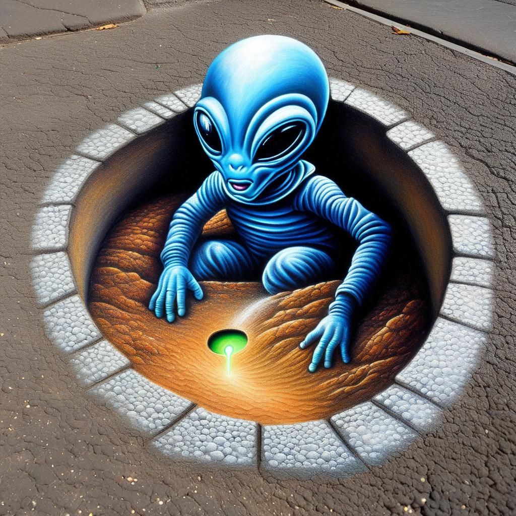 Charming Chalk Art of Alien Emerging from Sidewalk