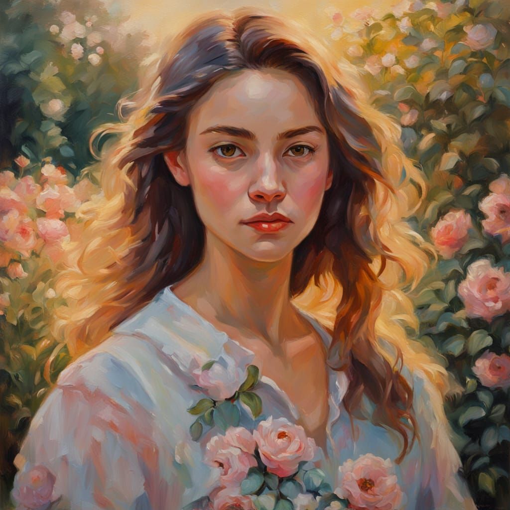 Impressionist Garden Scene with a Beautiful Female