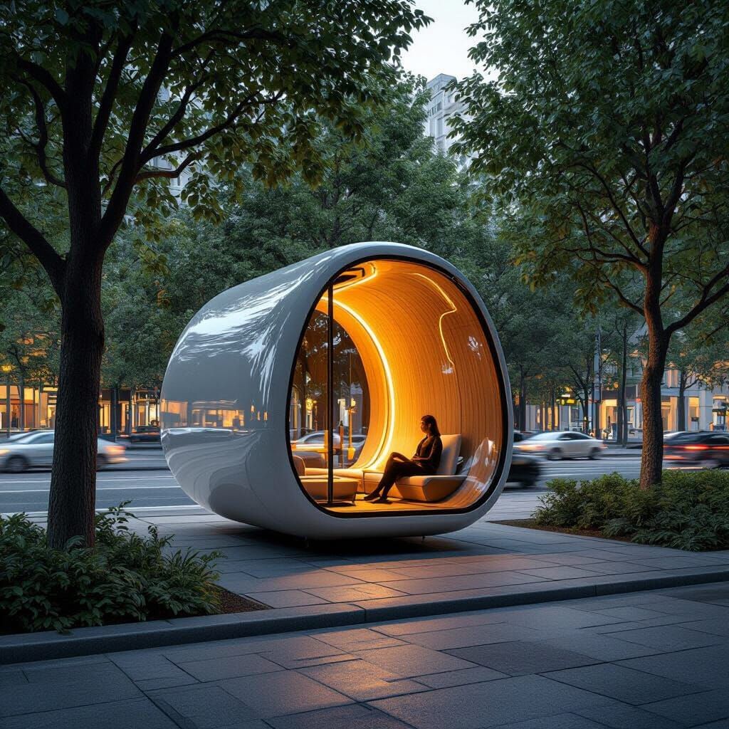 Minimalist Wellness Pod on City Street, Warm Interior Lights
