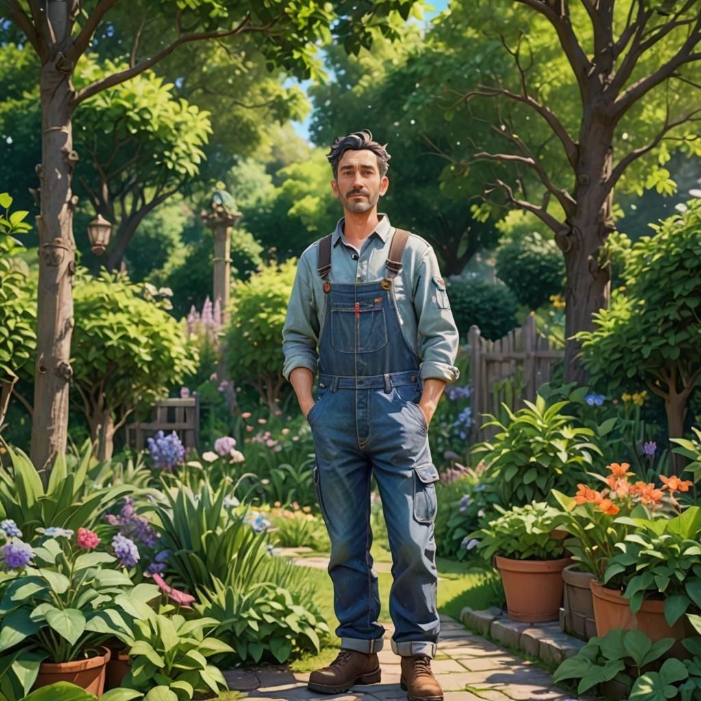 Italian Worker in Garden, Pixar-Style 3D Anime Art