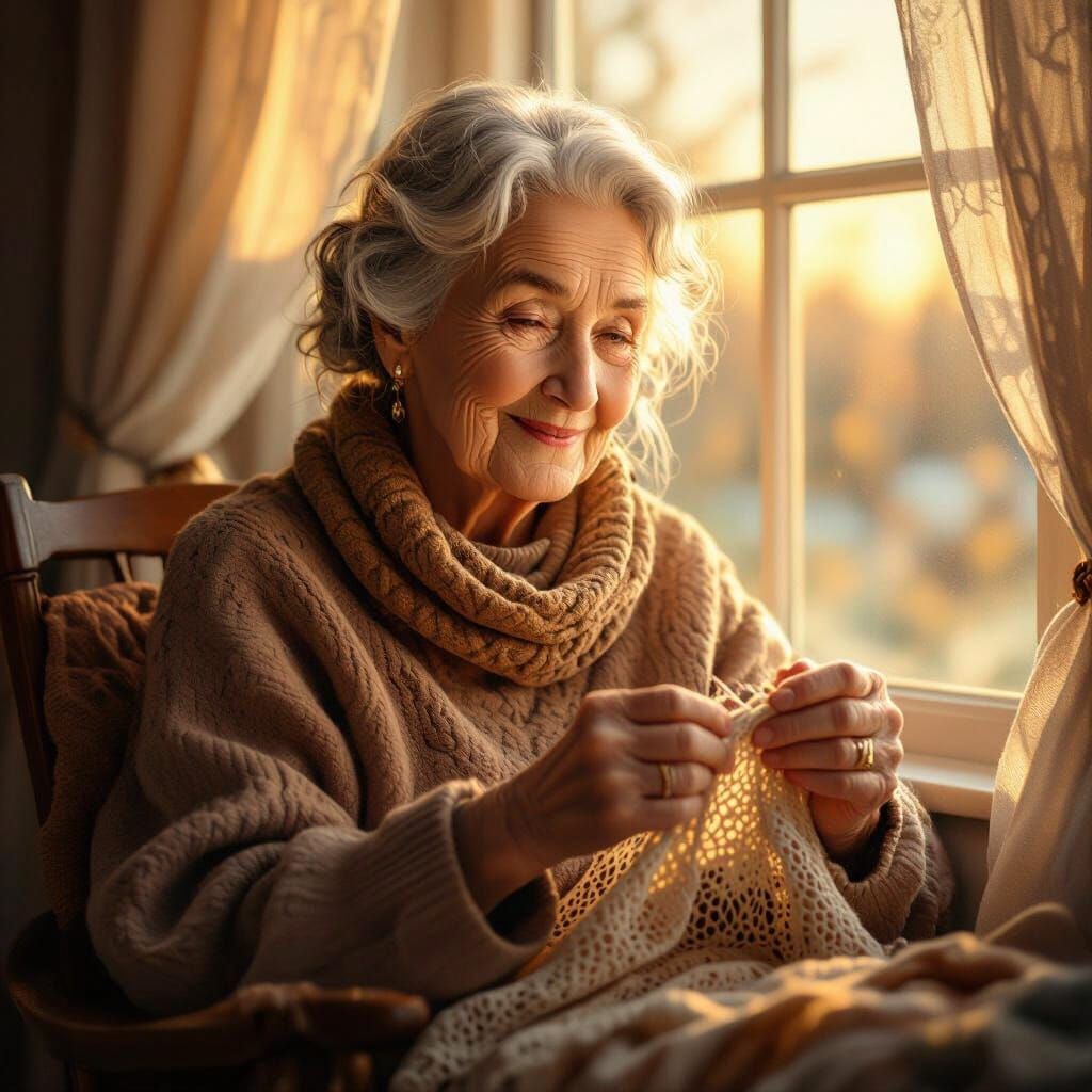 Elderly Woman Knitting by Window in Golden Hour Light
