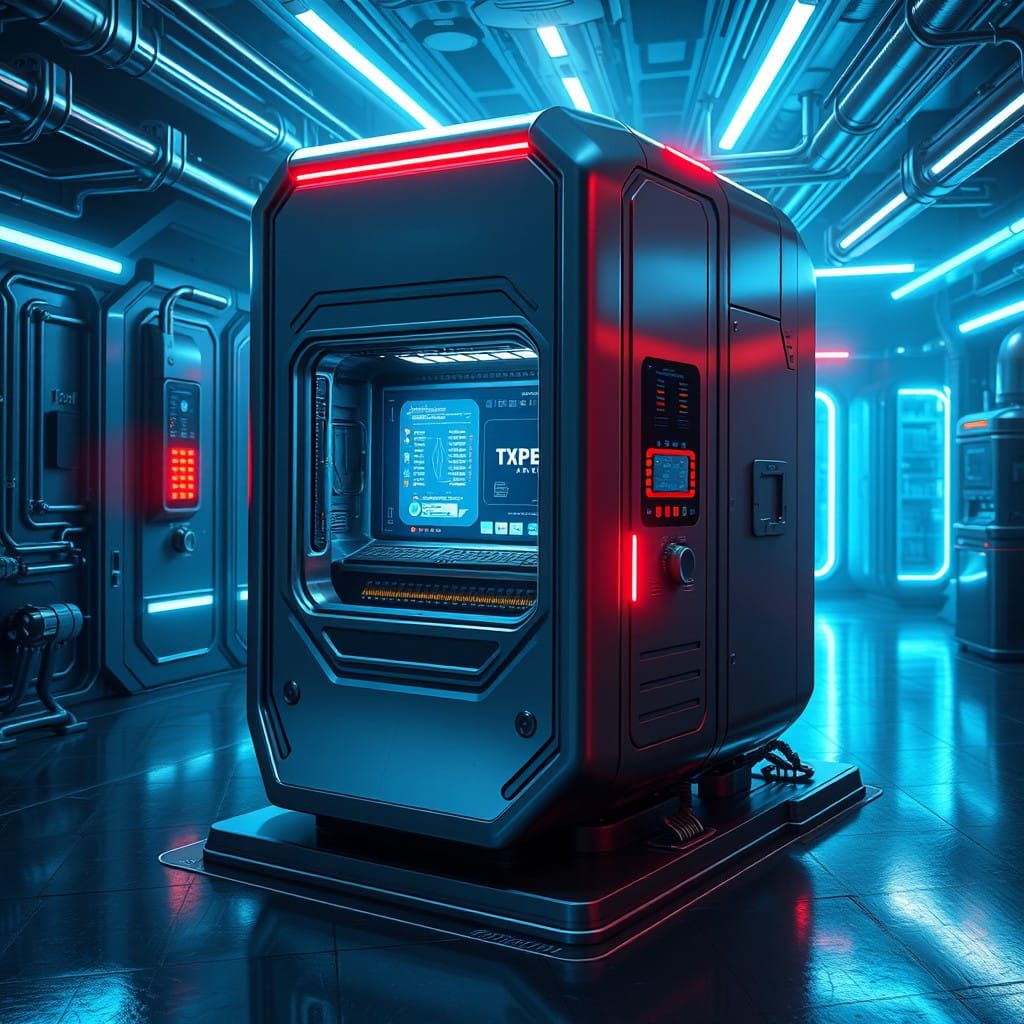 Cyberpunk Time Machine Terminal in Neon-Lit Laboratory