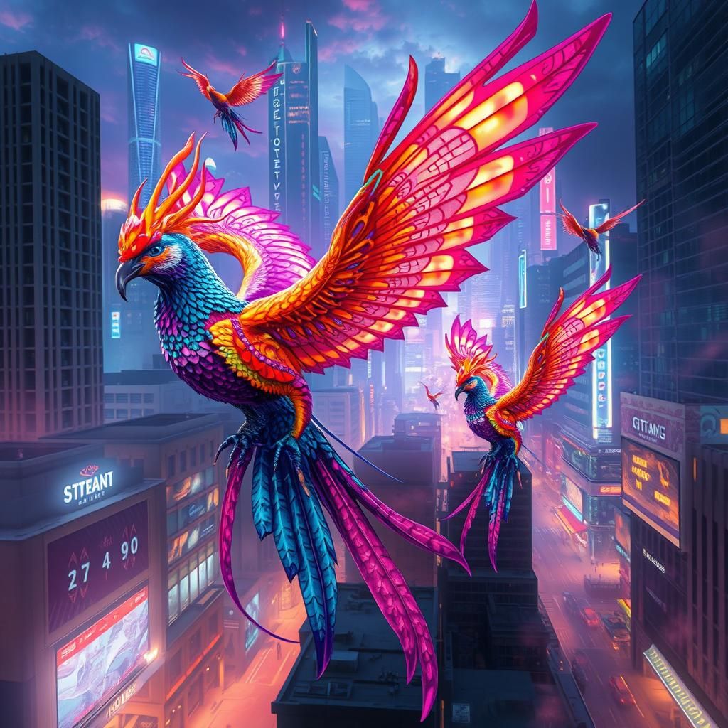 Fantasy Birds in High-Tech Cityscape