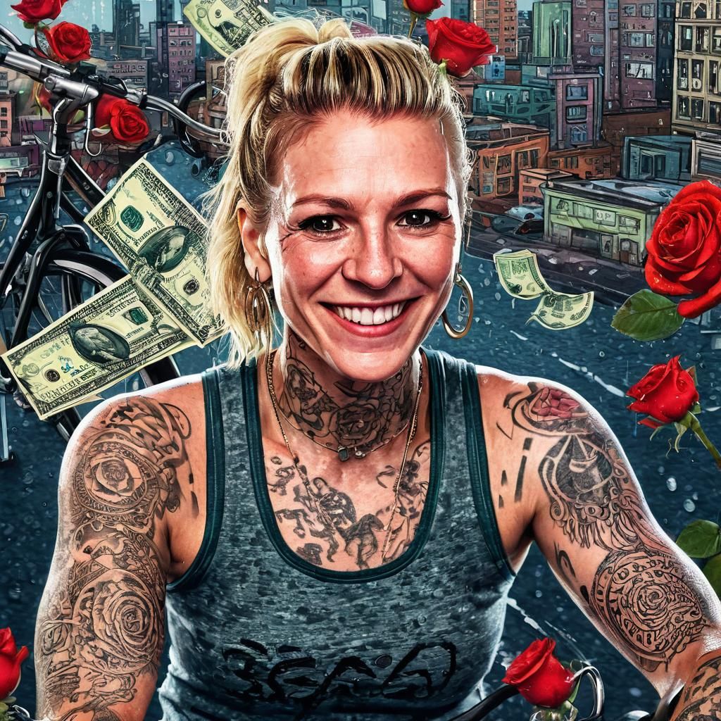 Tattooed Woman on Bike in Comic Book Art Style