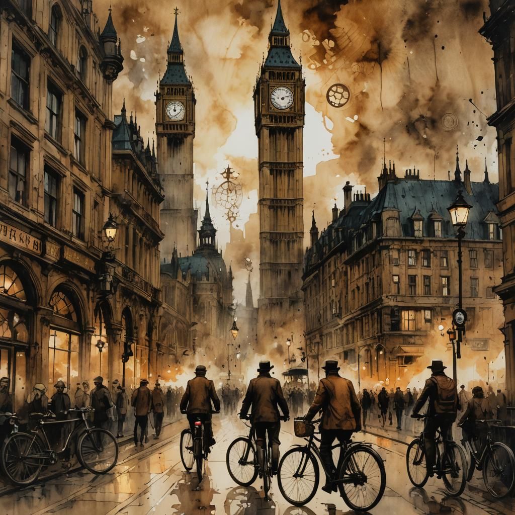 Steampunk Big Ben Ink Painting with Cyclists