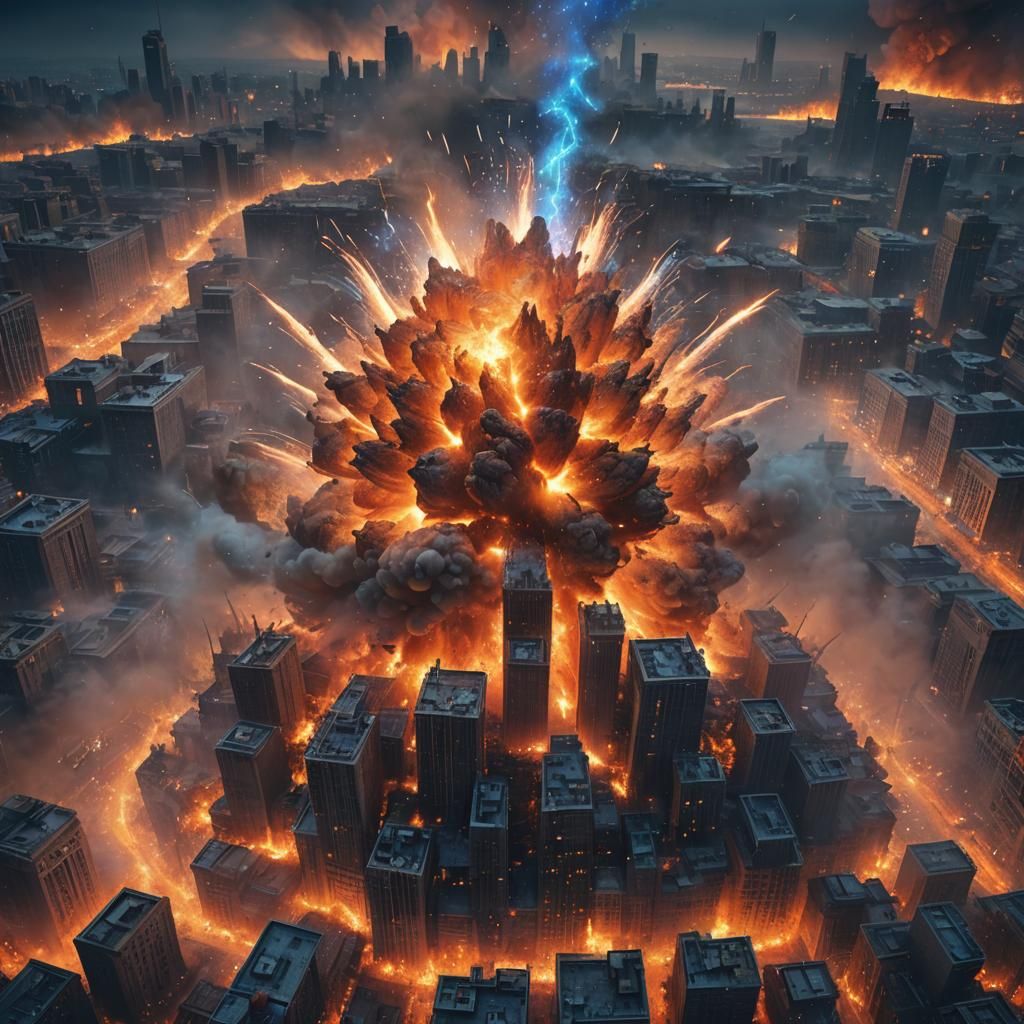 Explosion Fantasy Art in a Futuristic Cityscape