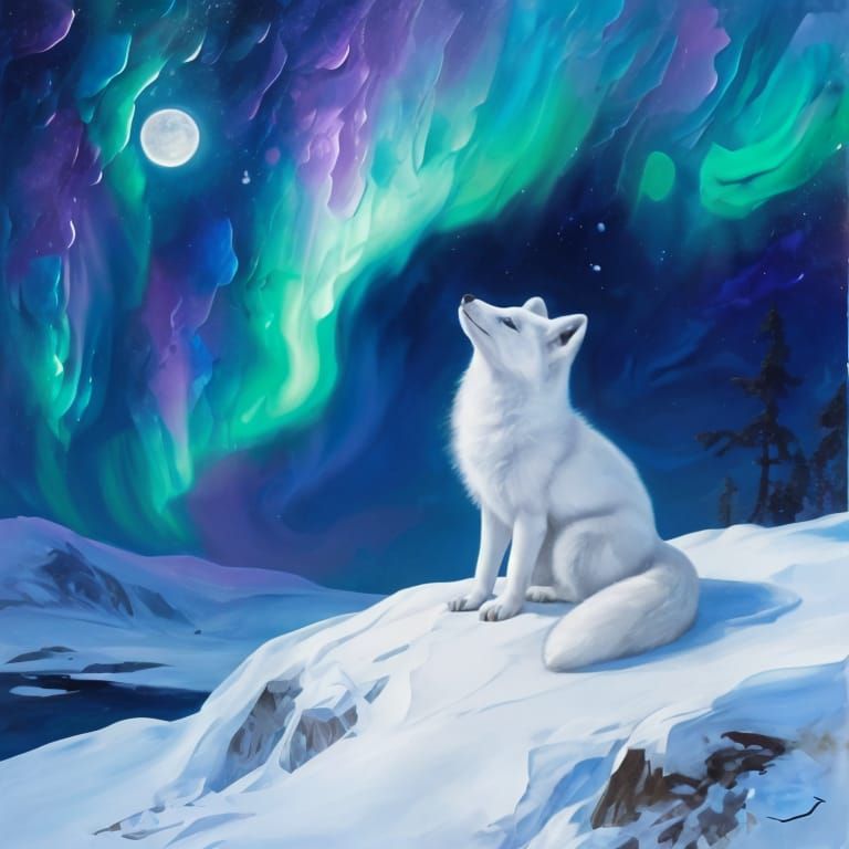 Arctic Fox Under Northern Lights in Snowy Landscape