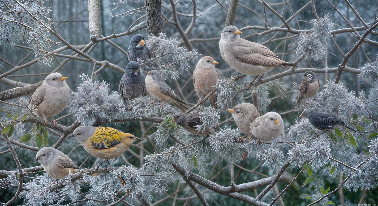 Winter Birds in Frosty Aviary