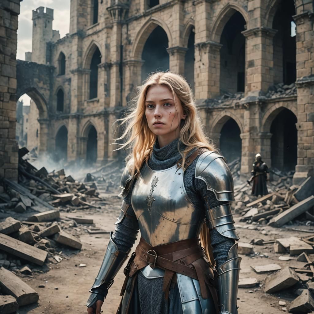 Female Knight Amidst Razed Medieval City Ruins