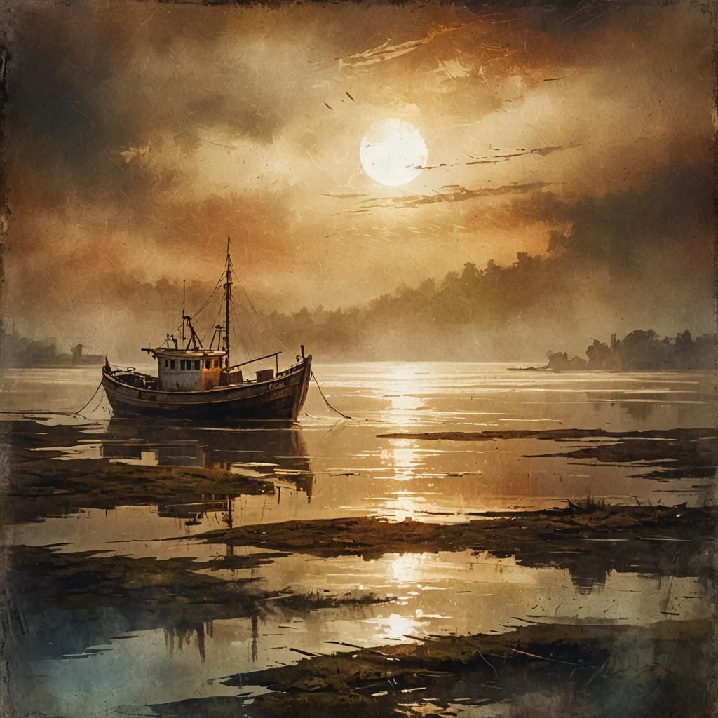 Serene Fishing Boat in Atmospheric Digital Painting