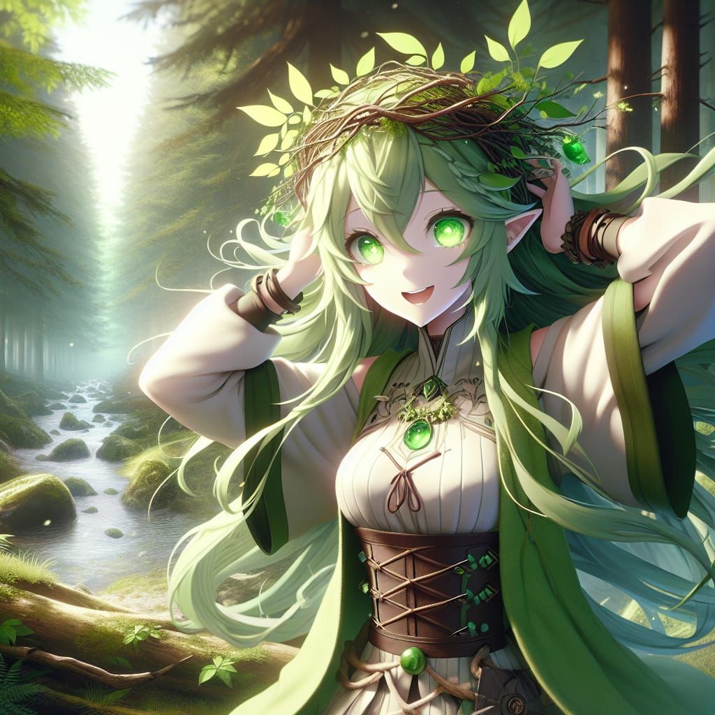 Anime Dryad in Ethereal Forest Landscape