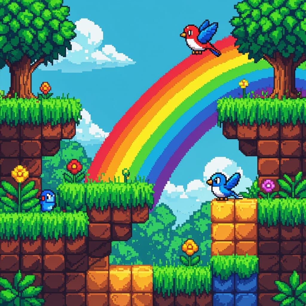 Rainbow Grass Bird Platform Tile Pixel Art