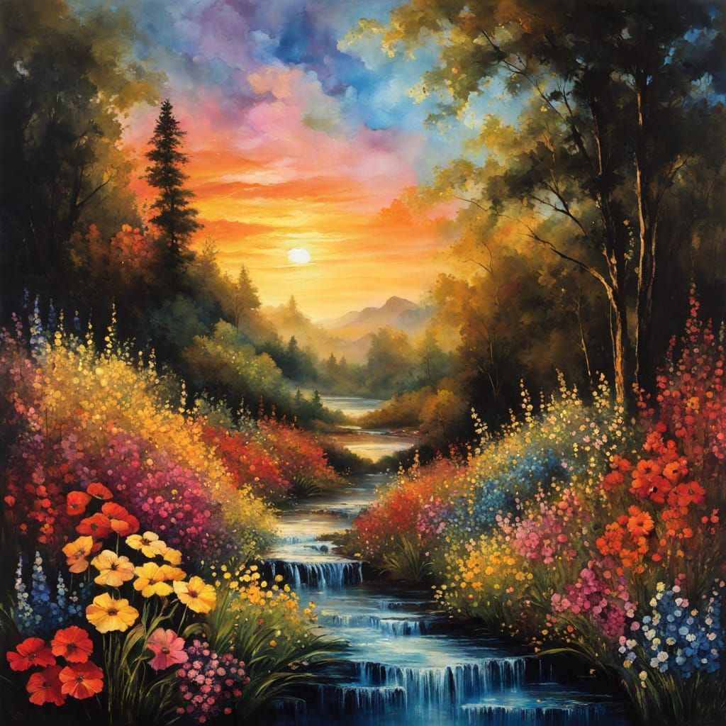 Colorful Waterfall Landscape in Chiaroscuro Style