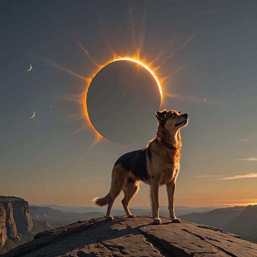 A (dog) stands a top a cliff, its small body turned away from the celestial spectacle unfolding before it. The sun, in i...