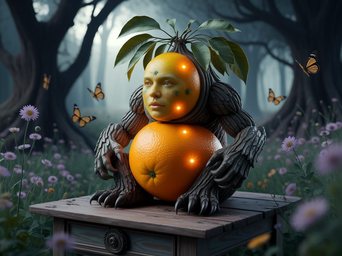 Surreal Fruit Tree Monster in Mystical Forest