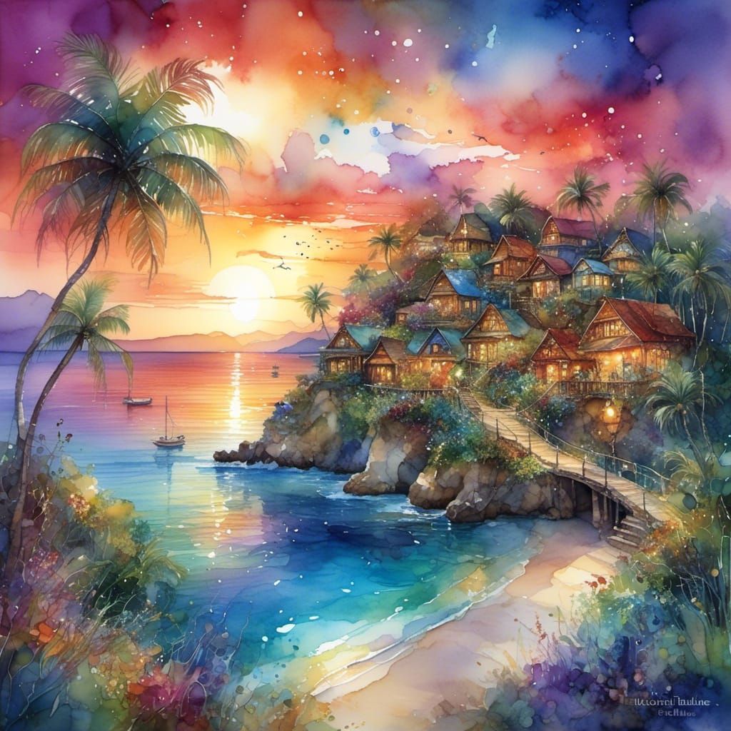 Tropical Village Sunset Beach Inlet