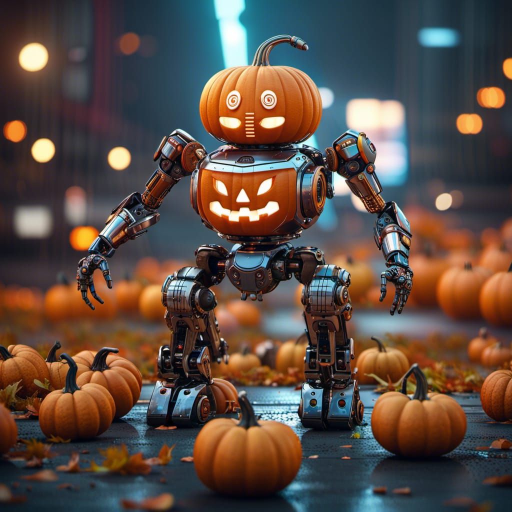 Photorealistic 3D Pumpkin Robot with Intricate Mech Details