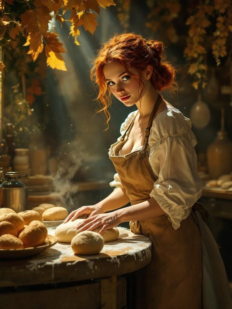 Redhead Baker in Golden Art Nouveau Kitchen