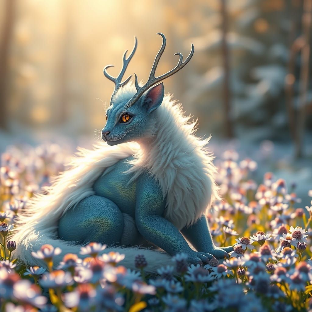 Mystical Dragon-Cat in Winter Wonderland, with Iridescent Sc...