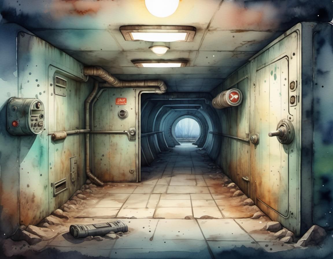 Detailed Fallout Bunker in Watercolor Illustration