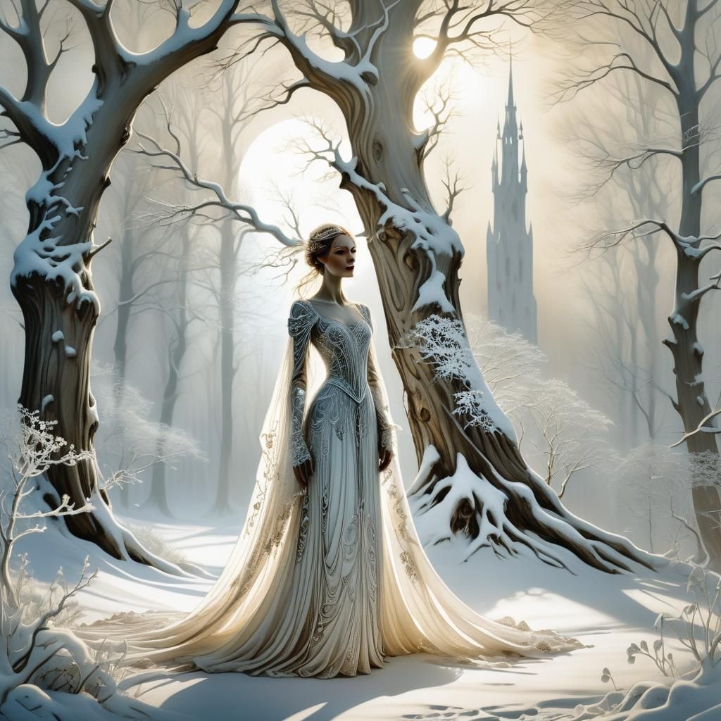 Whimsical Winter Bride in a Snowy Enchanted Forest