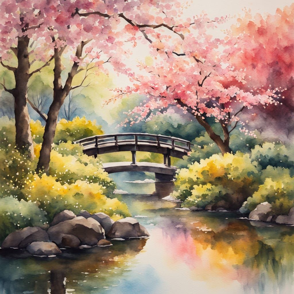 Serenely Beautiful Japanese Garden in Watercolour
