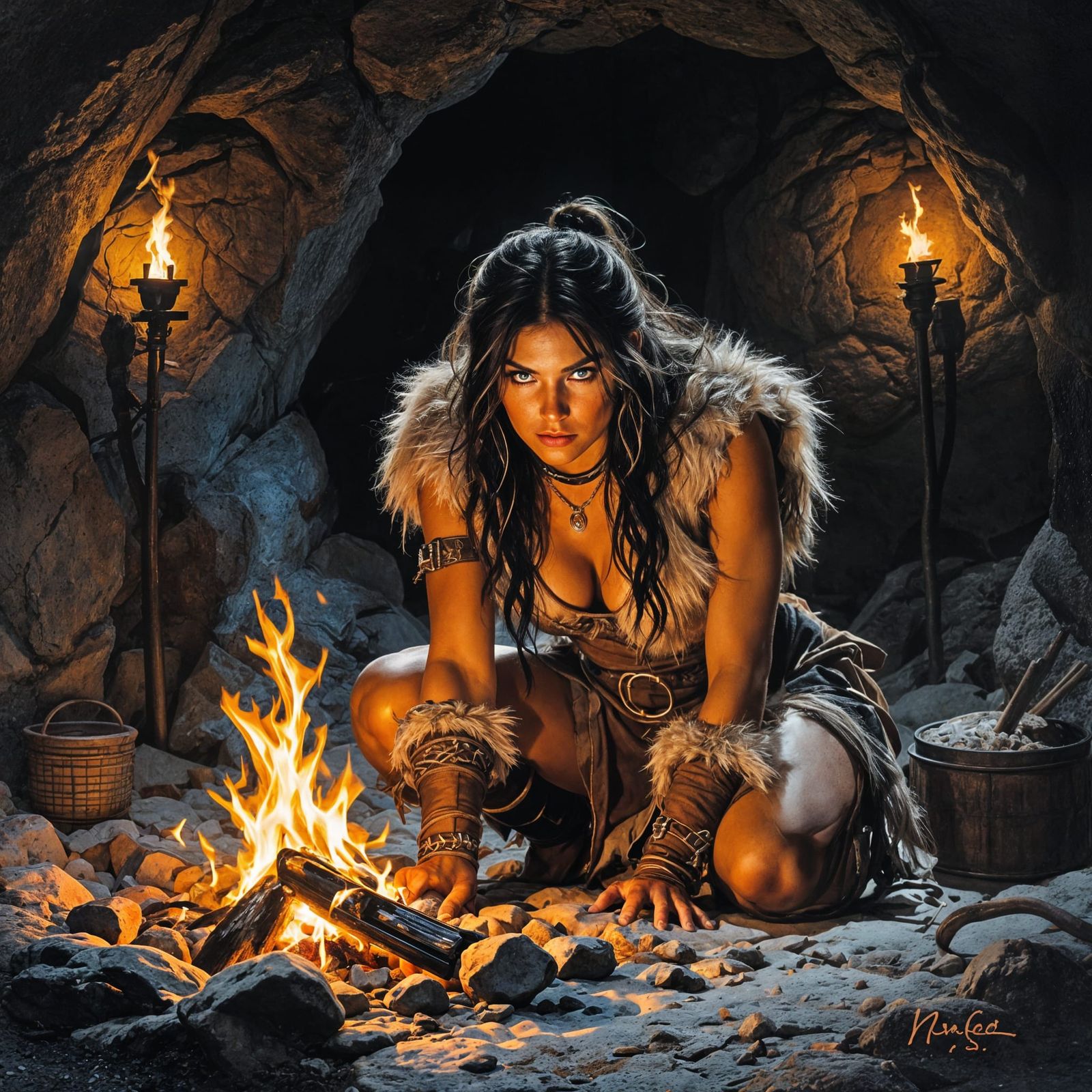Nordic Cavewoman Cooking by Firelight