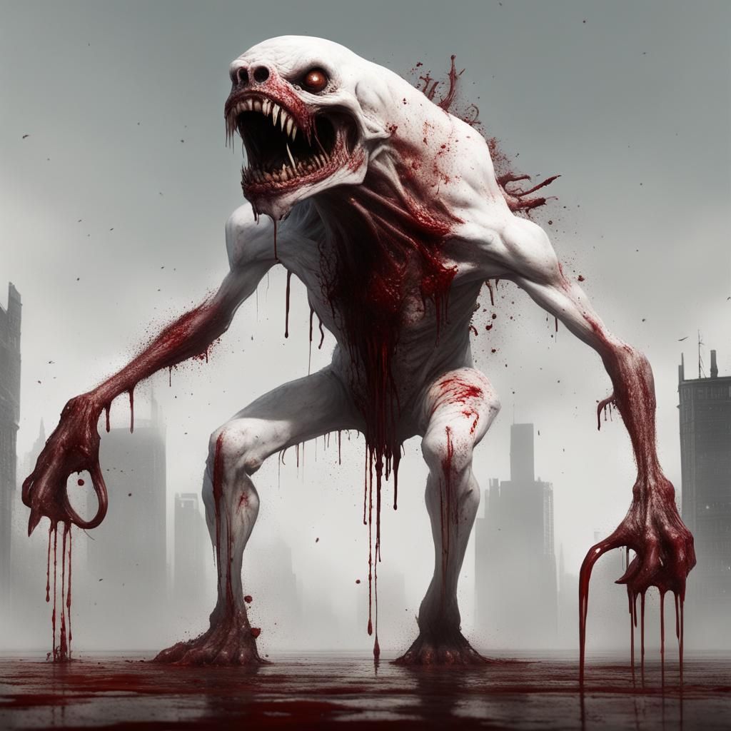 Terrifying White Bipedal Creature Covered in Blood