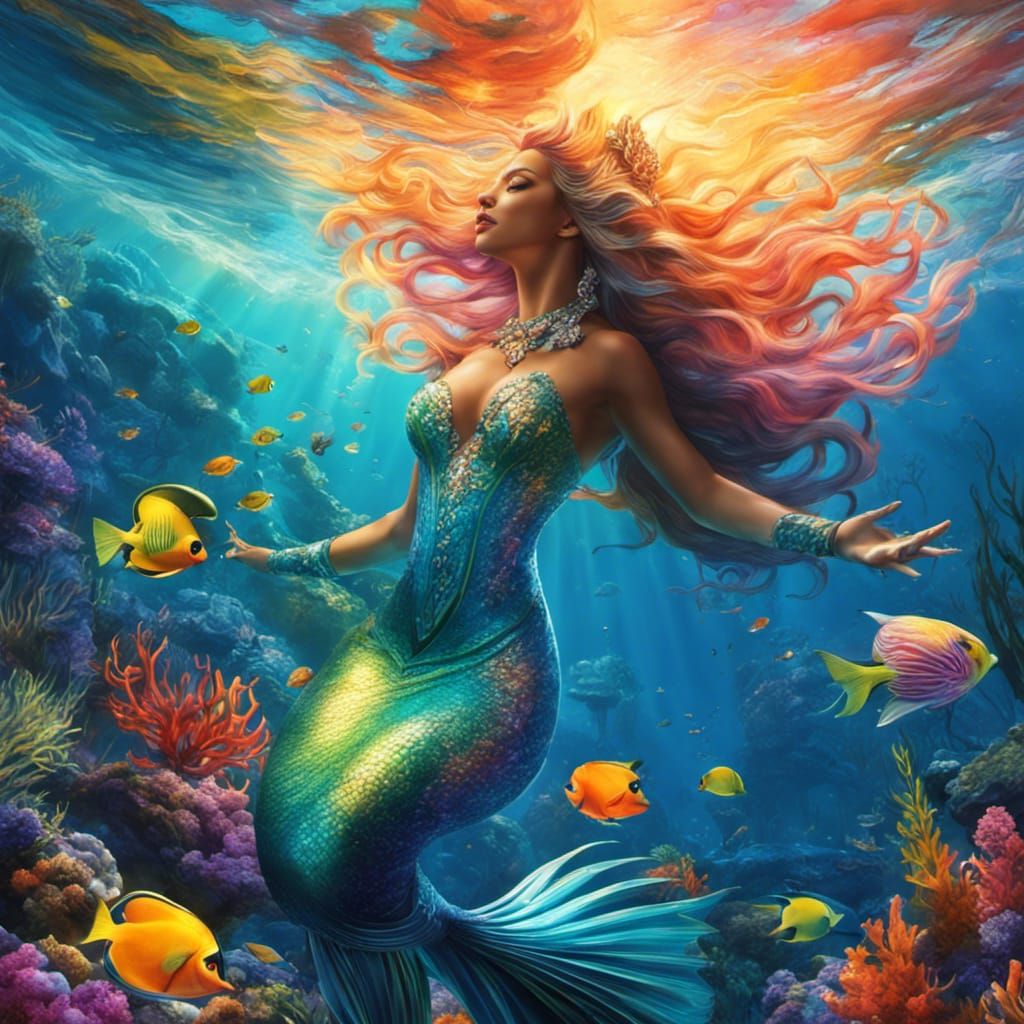 Iridescent Mermaid in Bioluminescent Coral Reef