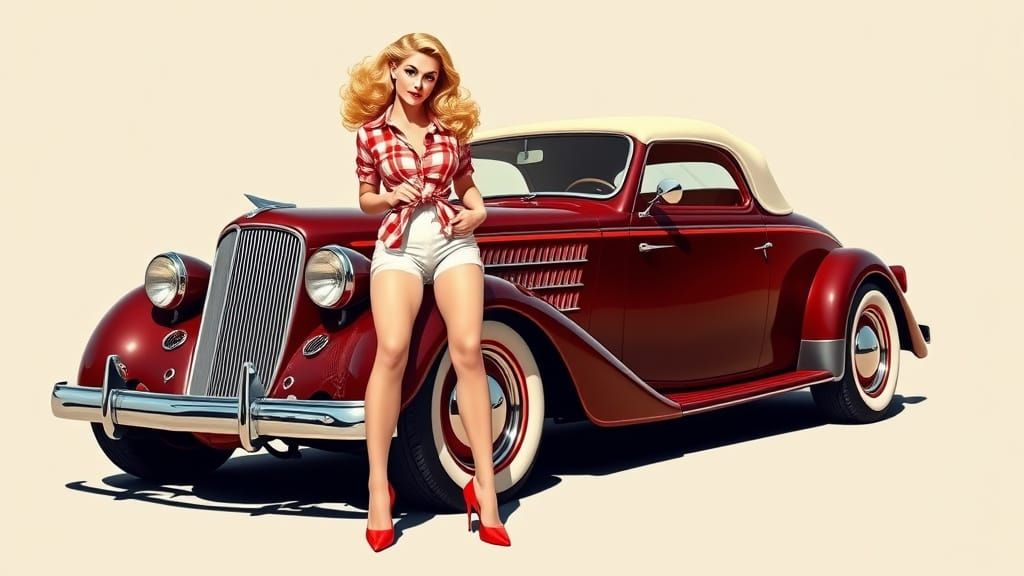 Blond Pin-Up Girl on Vintage Hot Rod