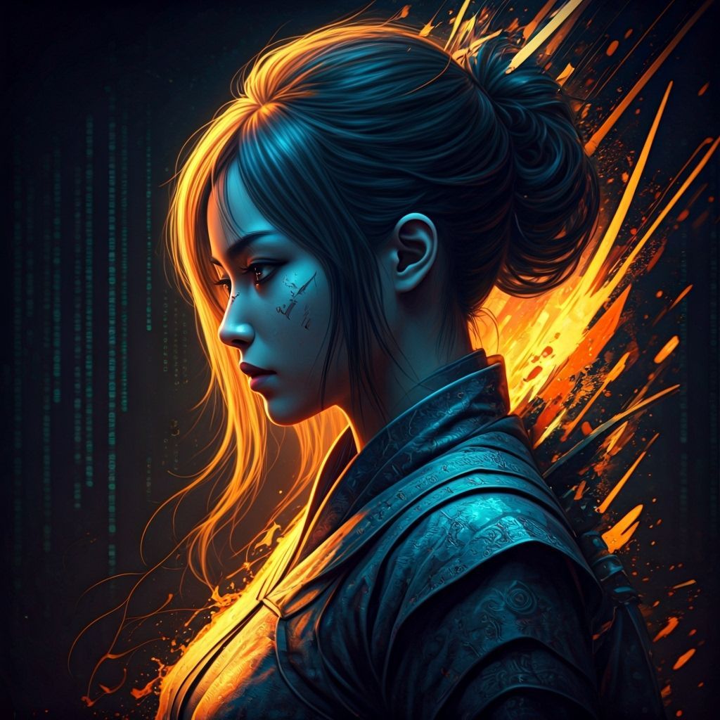 Hyperrealistic Binary Code Female Samurai Concept Art