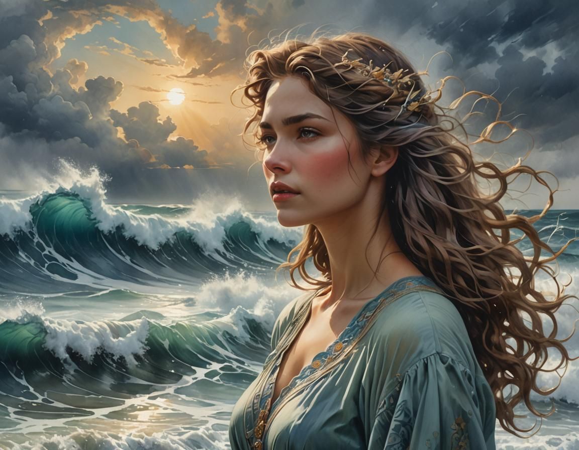 Woman Gazing at Ocean Waves Watercolor Portrait