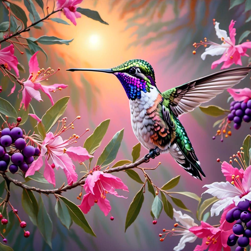 Hummingbird with Silky Feathers in Enchanted Forest