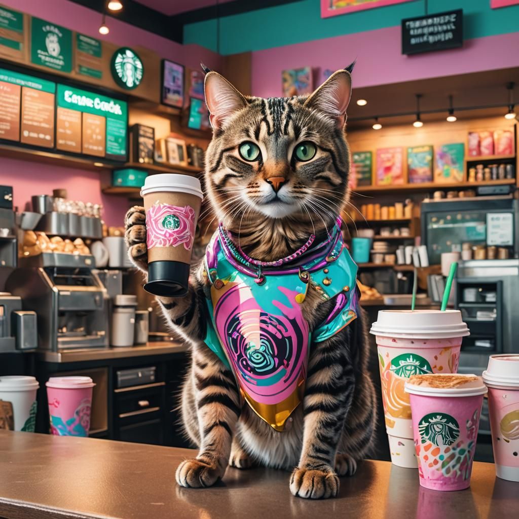 Tabby Cat Dressed as Karen at Starbucks