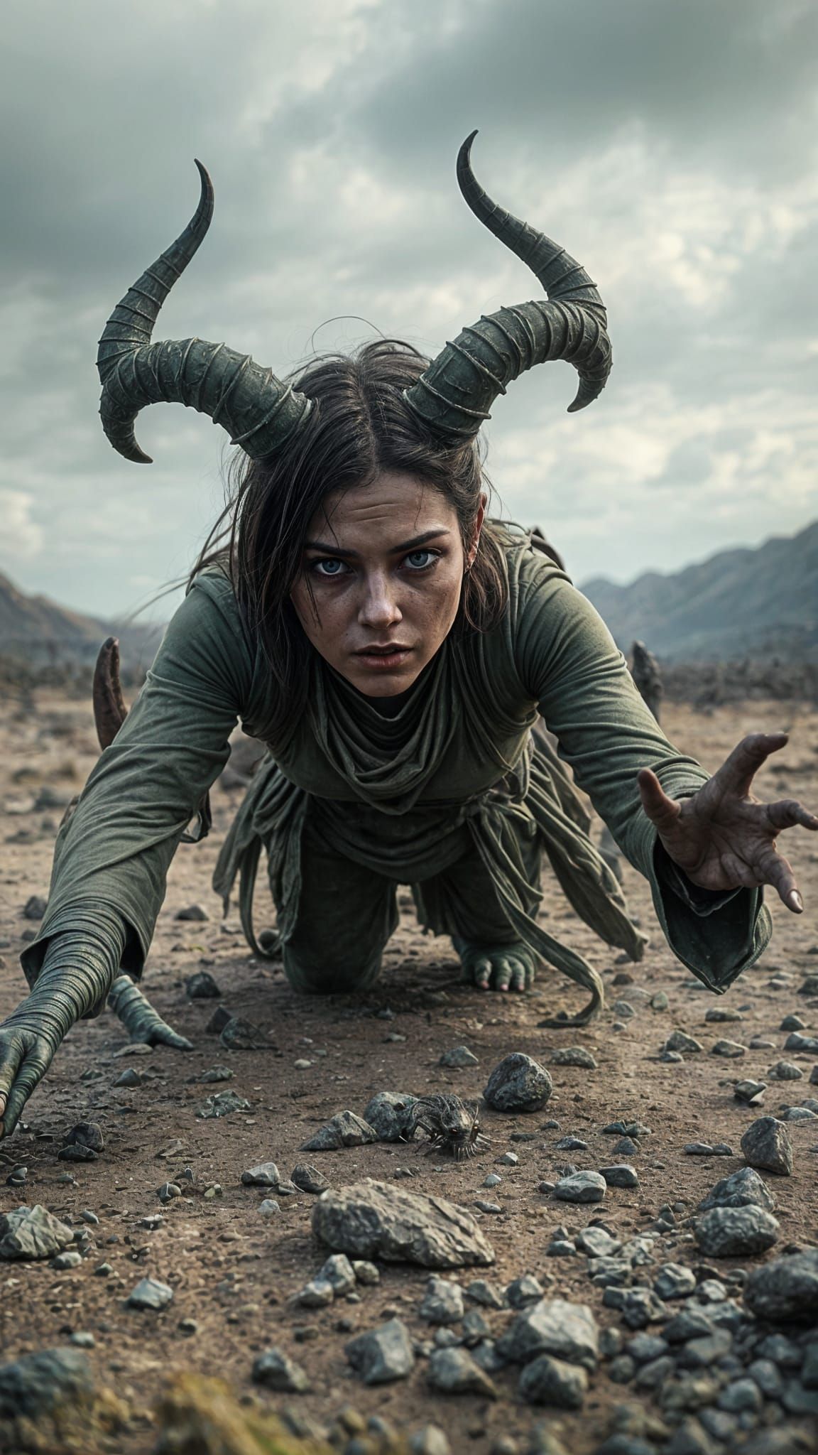 One-Horned Woman in Apocalyptic Wasteland: Photorealistic 8K