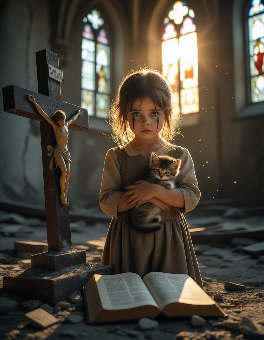 Girl in Ruined Church with Kitten in Golden Hour Light