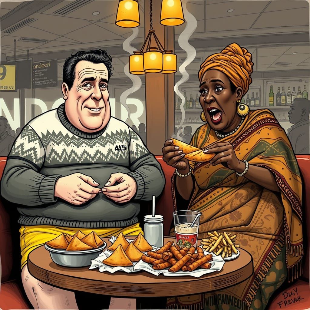 A Comical Scene of a Hungry Man and Woman Devouring Traditio...