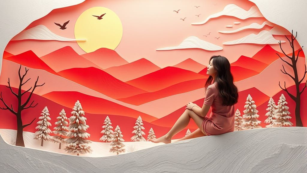 Whimsical Woman in Pink and Red Mountains