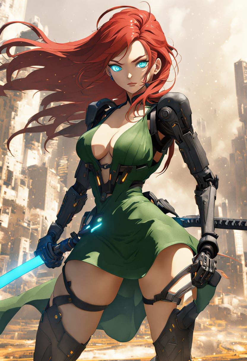 Cyberpunk Anime Woman with Katana and Mechanical Arm