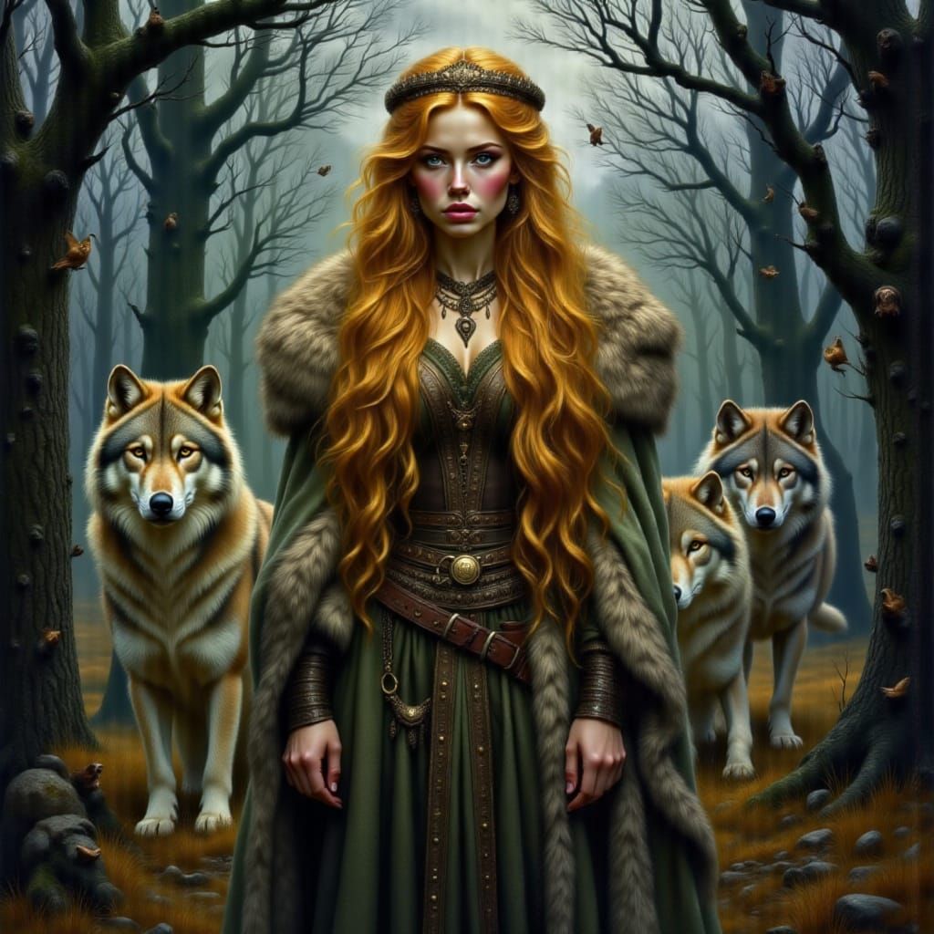 Viking Woman with Wolves in Forest