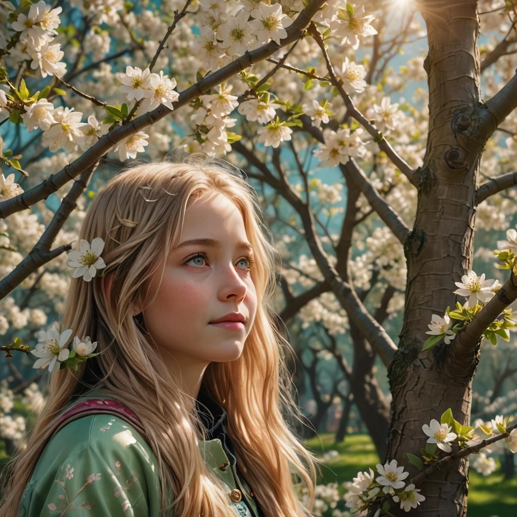 Blond Girl Playing Hide-and-Seek in Blossom Tree