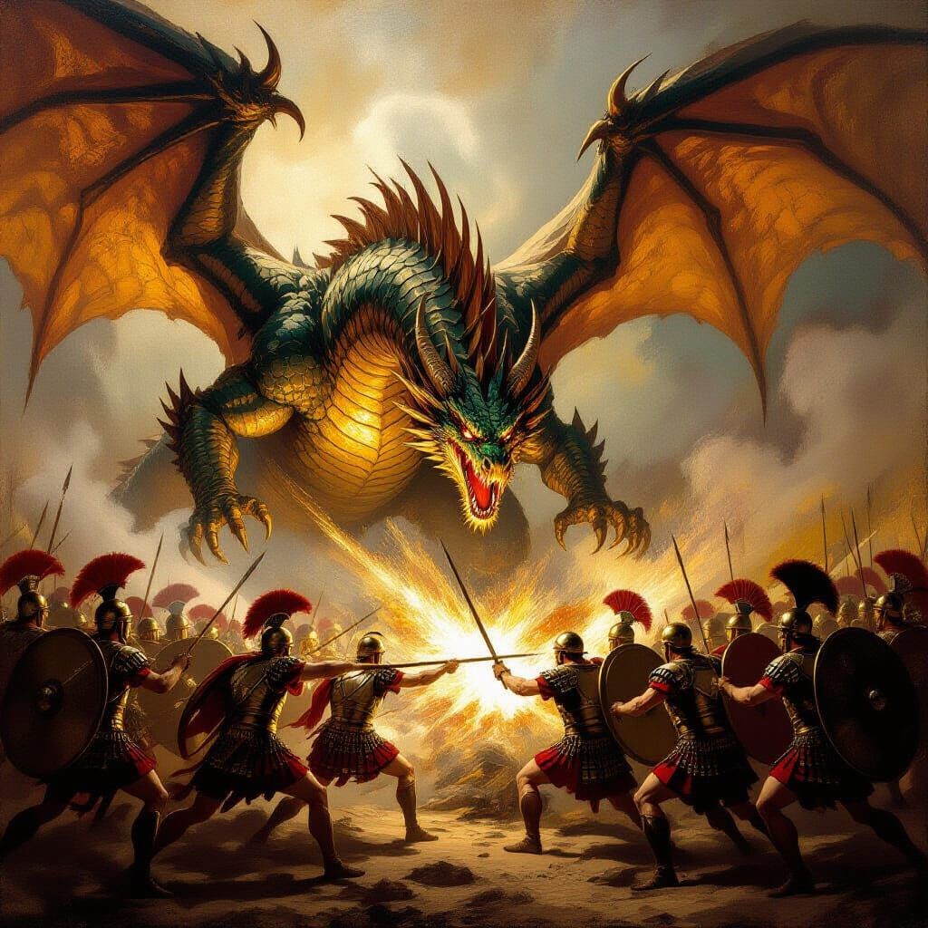 Roman Legion Battles Luminous Dragon in Baroque Style