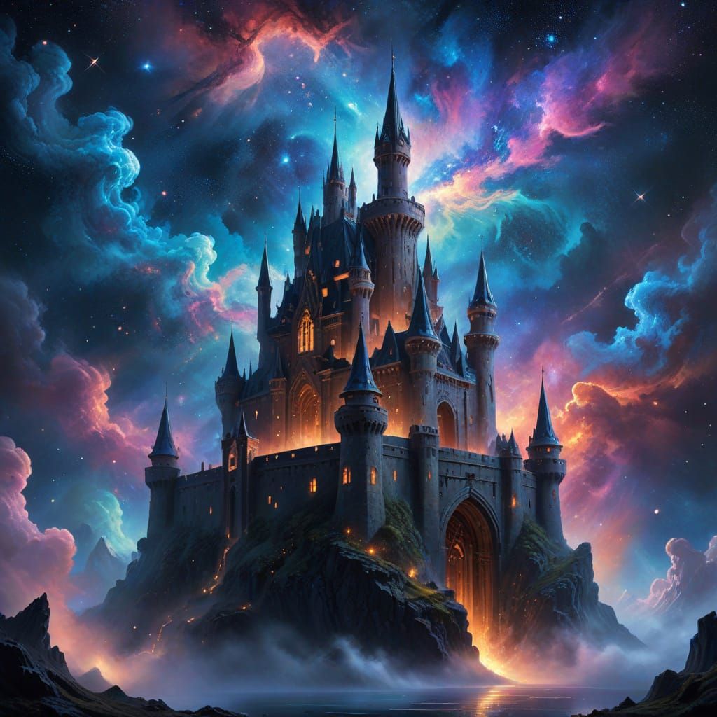 Ancient Castle Silhouetted Against Cosmic Nebula