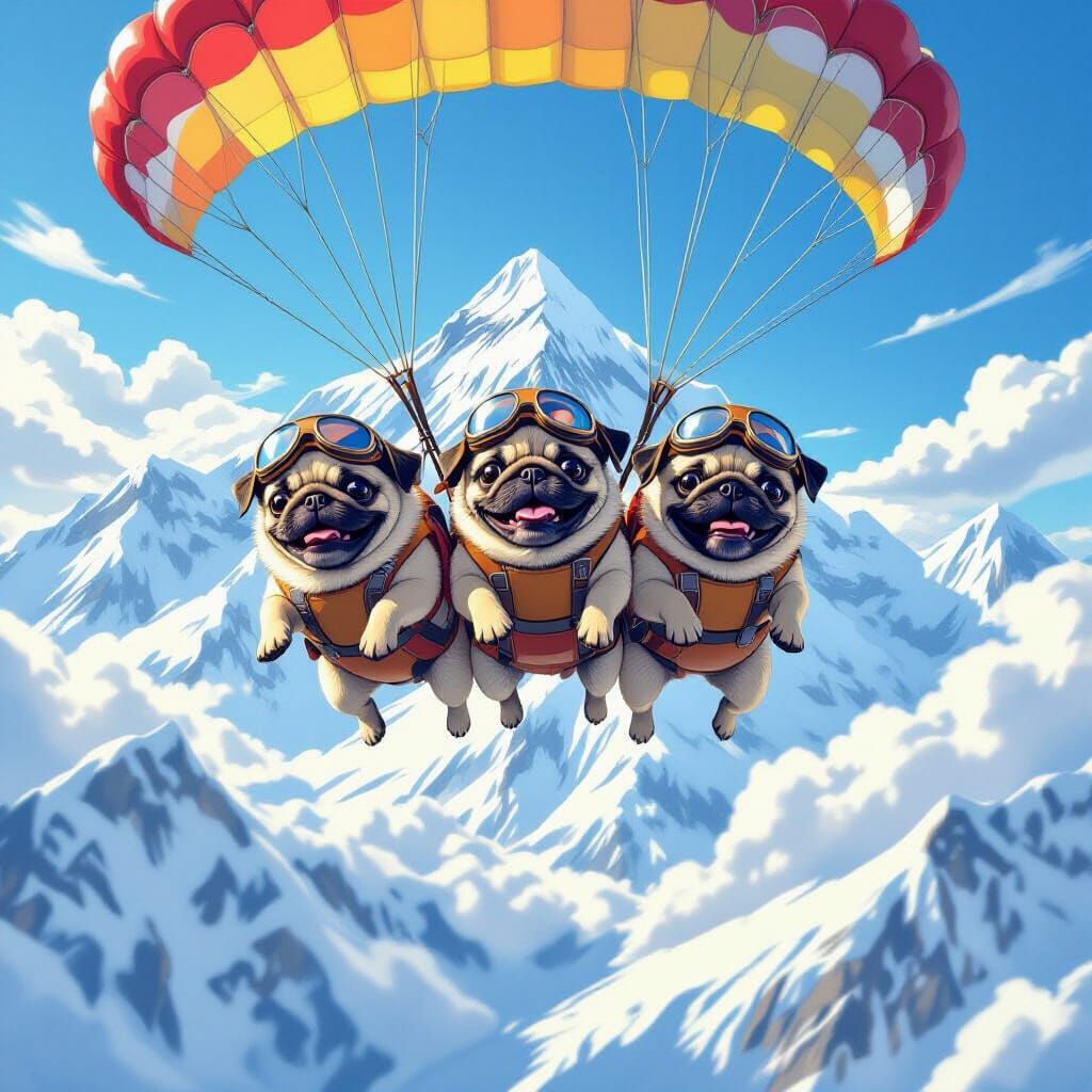 Pugs Parachuting Over Everest in Digital Art Style