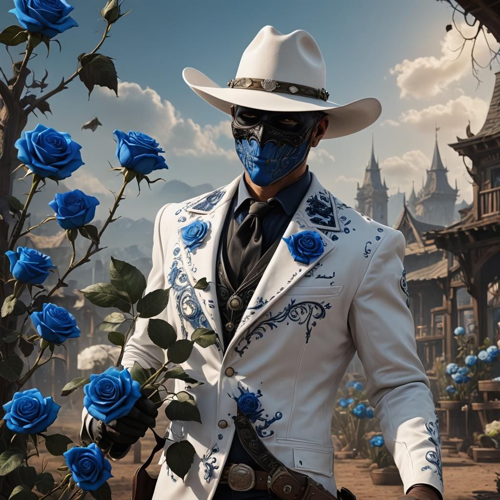 Gentleman Cowboy with Blue Rose, Detailed Matte Painting