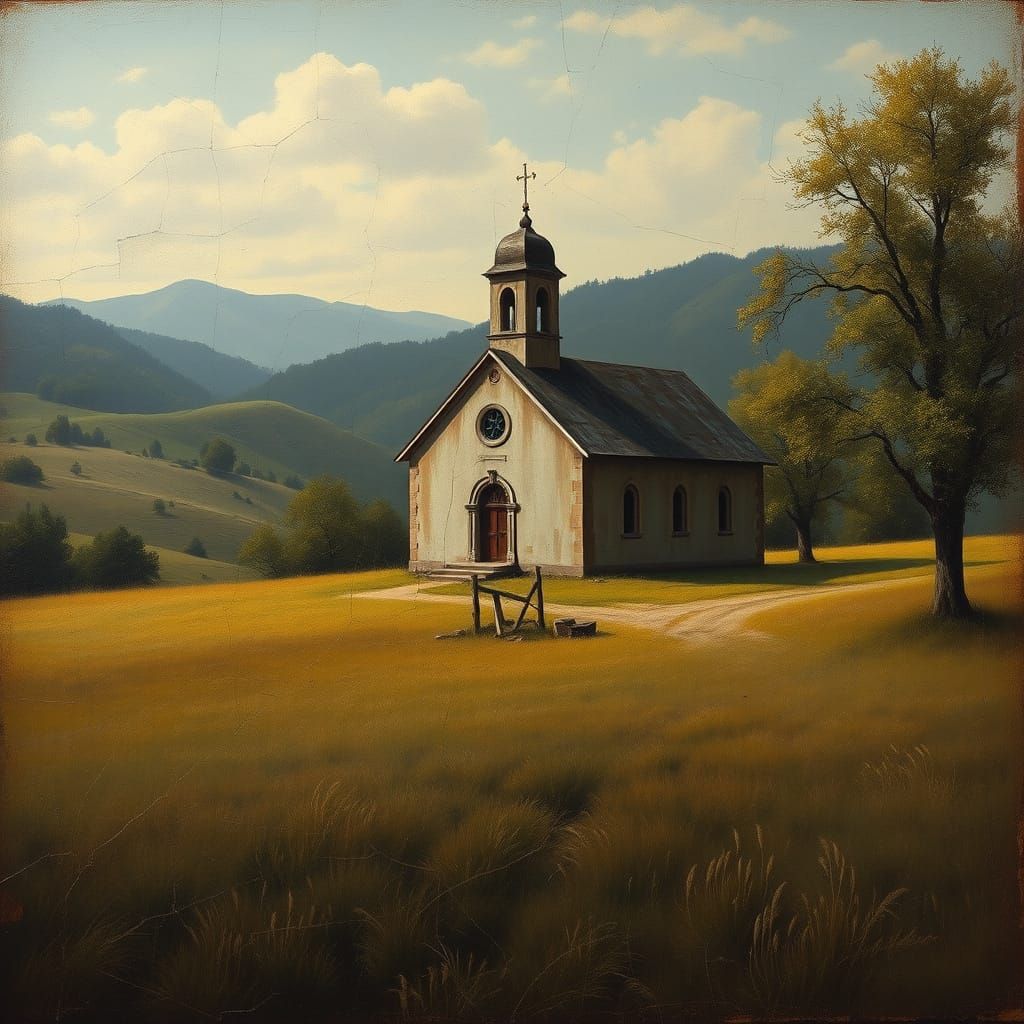 Rustic Church in Landscape: Old Masters Oil Painting
