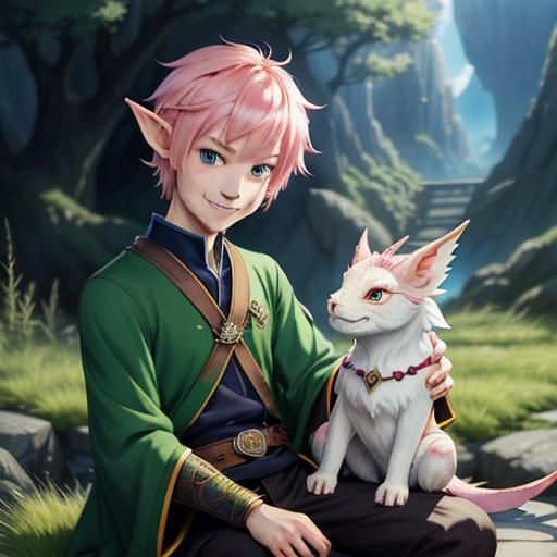 Elf Boy and Dragon in Anime Style