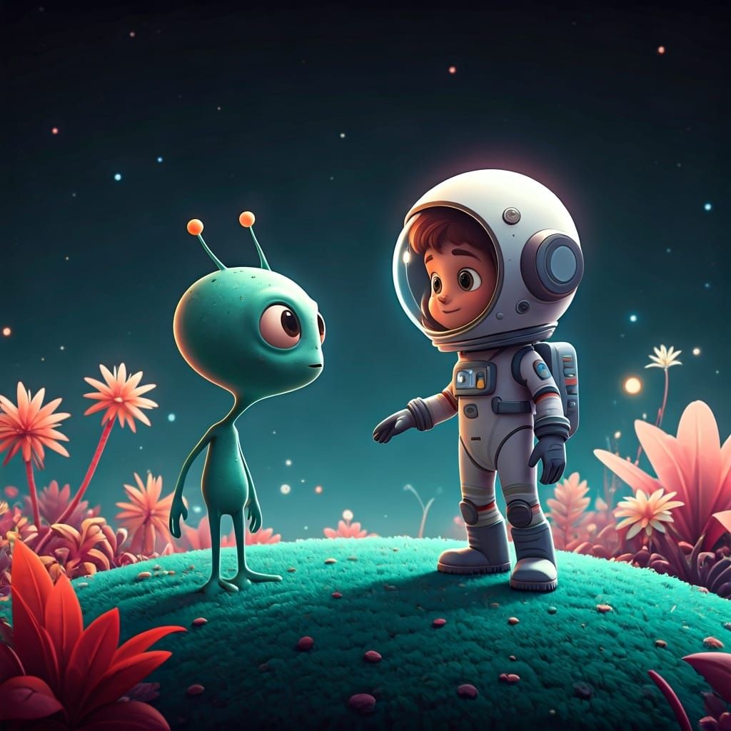 Astronaut Meets Alien Friend on Exoplanet: 3D Cartoon